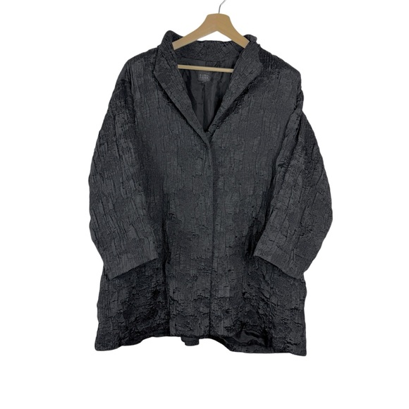 Eileen Fisher Black Wool Long Crinkle Texture Lightweight Snap Blazer Jacket 3X - Picture 1 of 6
